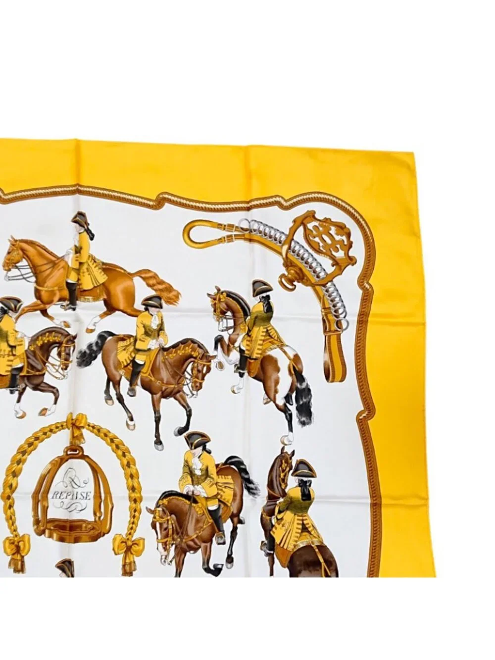 Hermes Carre 90 Reprise Ledoux Yellow Silk 100% Large Scarf